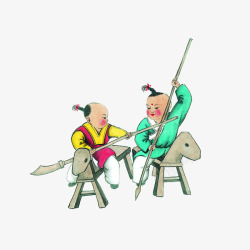 卡通骑着木马玩耍的古代小孩素材