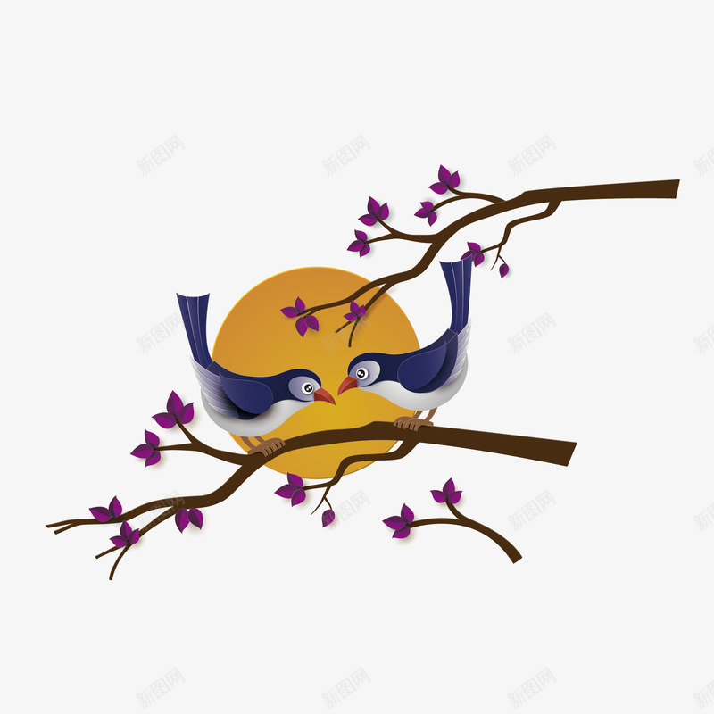 月光下的小鸟png免抠素材_88icon https://88icon.com 小鸟 月亮 月光下的小鸟 树枝 紫色花枝