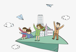 纸飞机起飞纸飞机上的孩子与楼房高清图片