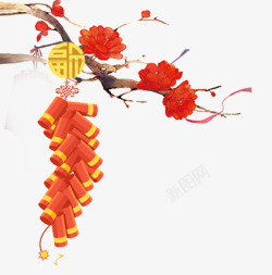 红色中国风花朵福字鞭炮素材