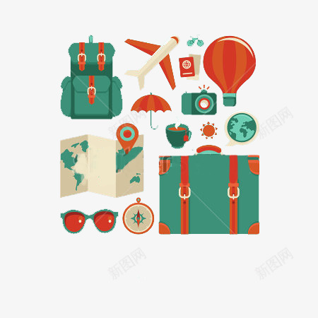 旅行插画png免抠素材_88icon https://88icon.com 书包 地图 墨镜 小清新图 指南针 热气球 相机 行李箱 飞机