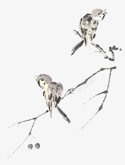 水墨树枝上的小鸟背景素材