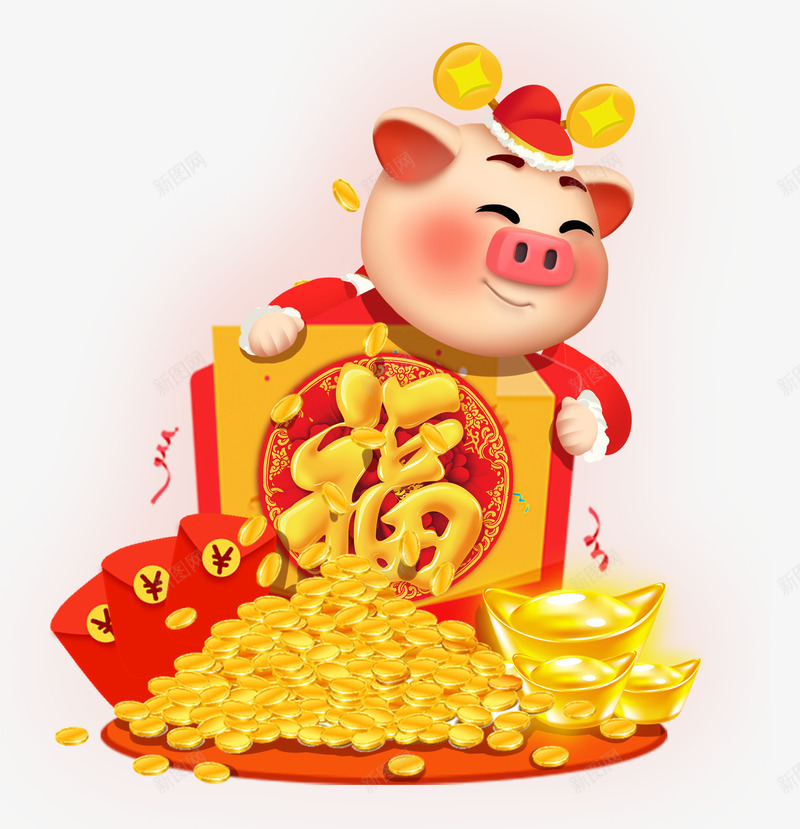 黄红色卡通新年猪psd免抠素材_88icon https://88icon.com 中国风 卡通 卡通猪 新年 猪 红色 节日 黄色