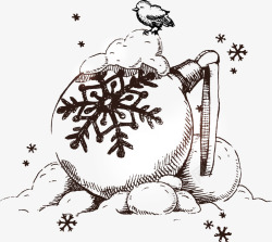 手绘素描雪球雪花小鸟素材