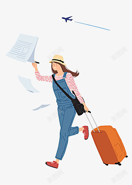 追飞机的少女png免抠素材_88icon https://88icon.com 休闲娱乐 休闲装 卡通手绘 拖着行李的人 拖行李去旅游 拖行李的人 装饰 飞机