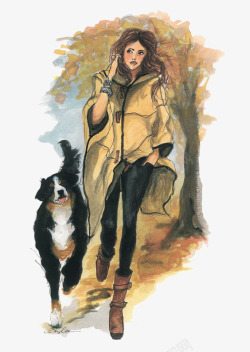 卡通秋天公园风景遛狗的女人高清图片