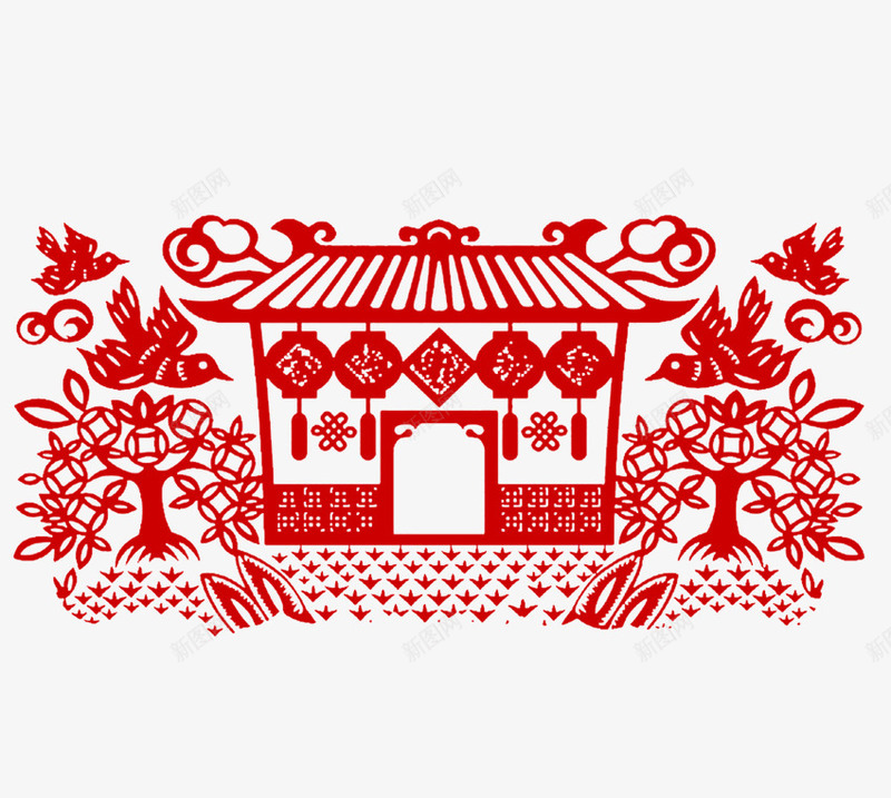 红色新年剪纸png免抠素材_88icon https://88icon.com 剪纸 房子 树 窗花 节日 鸟