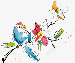 春季素描小鸟花朵矢量图素材