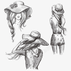 手绘带帽子的女子矢量图素材