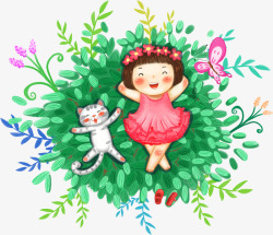 手绘躺在树枝上的女孩和猫咪素材