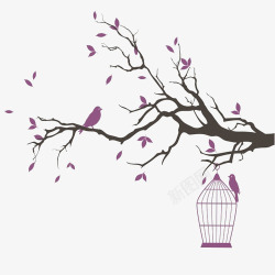 紫色手绘鸟笼树枝素材