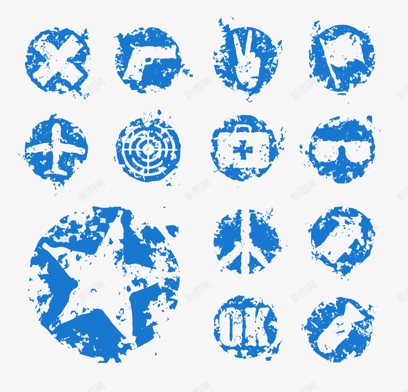 蓝色印章图案psd免抠素材_88icon https://88icon.com ok 医药箱 印章 图案 星星 枪 蓝色 飞机