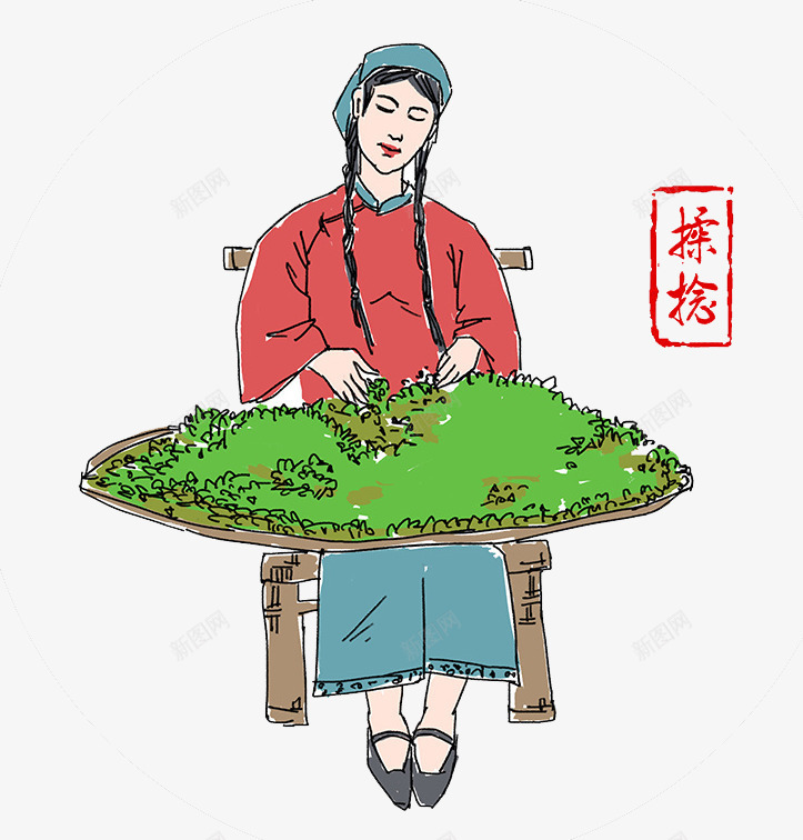 捻茶的姑娘png免抠素材_88icon https://88icon.com 卡通 姑娘 绿色 茶叶