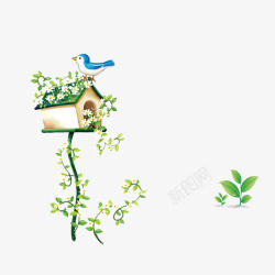 卡通绿色树叶花朵小鸟素材