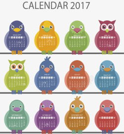 可爱彩色鸟儿2017年日历矢量图素材