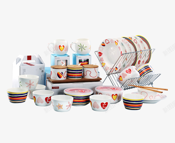彩色图案组合套装png免抠素材_88icon https://88icon.com 产品实物 保温碗 厨房用品 套装 彩色图案 瓷碗 碗碟组合