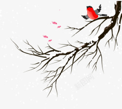 挂在树枝上的雪卡通冬季树枝上飞翔的鸟高清图片