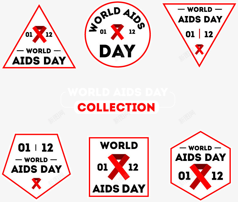 6个艾滋病日标签png免抠素材_88icon https://88icon.com 关爱健康 白色 矢量素材 红丝带 红色