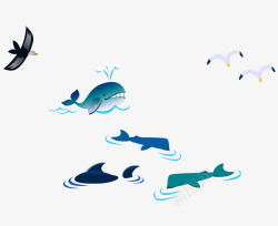 彩色卡通鲸鱼小鸟海鸥矢量图素材