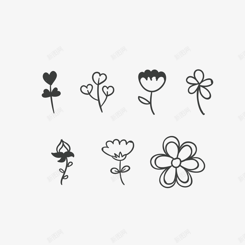 黑色线条组合png免抠素材_88icon https://88icon.com 叶子 图案 爱心 线型花纹 花朵