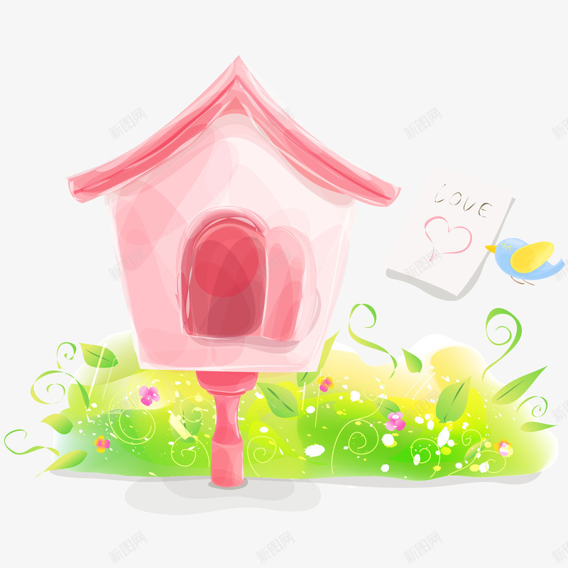 粉色房子与绿色植物png免抠素材_88icon https://88icon.com 动漫动画 卡通手绘 小草 小鸟 植物 粉色房屋 花朵 装饰图
