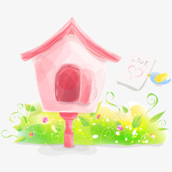 粉色房子与绿色植物素材