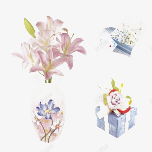 装饰图的组合png免抠素材_88icon https://88icon.com 礼品 粉色 花瓶 鲜花