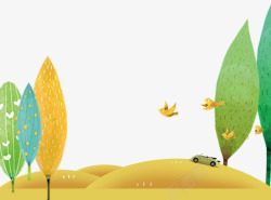 卡通手绘沙漠树木小鸟素材