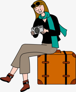 手绘坐在行李箱上的女子人物插画矢量图素材