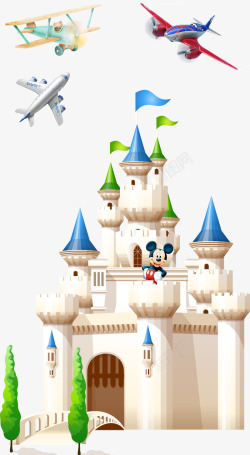 手绘卡通飞机城堡素材