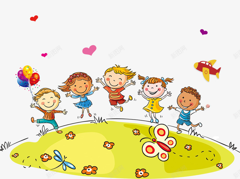 卡通手绘草地上玩耍的孩子psd免抠素材_88icon https://88icon.com 卡通 手绘 爱心装饰 玩耍的孩子 草地上 蝴蝶 飞机 高兴的孩子