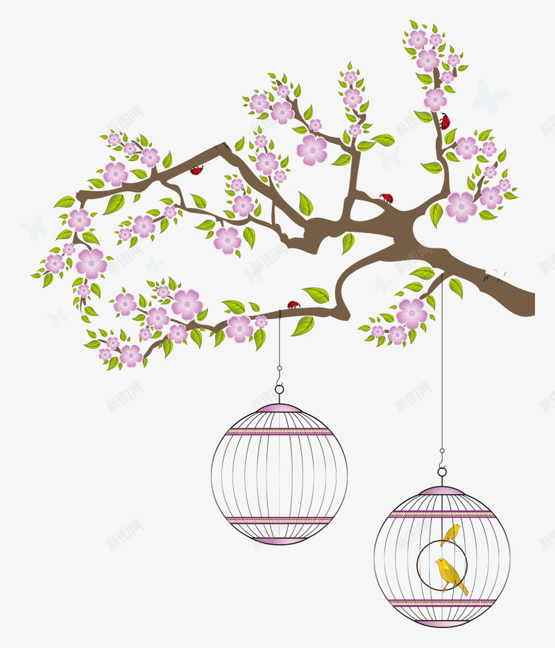 紫色花枝png免抠素材_88icon https://88icon.com 小鸟 花枝 装饰 鸟笼