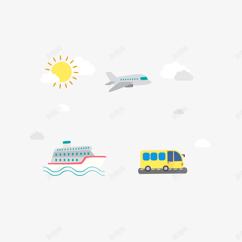 旅行元素背景png免抠素材_88icon https://88icon.com 交通工具 旅行元素 汽车 轮船 飞机