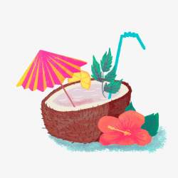 水彩绘夏威夷椰汁和扶桑花素材