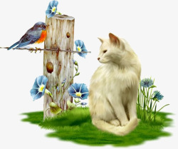 手绘水彩猫咪小鸟花朵素材