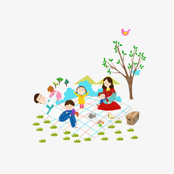 开心的小鸟卡通家庭聚会野餐高清图片