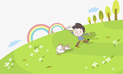 绿色的纸飞机小男孩和宠物在草坪玩耍高清图片