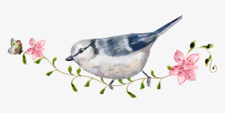站枝头的鸟类卡通手绘水彩站枝头小鸟花朵矢量图高清图片