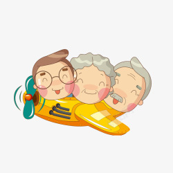 卡通坐在飞机上的老人夫妻和男子素材