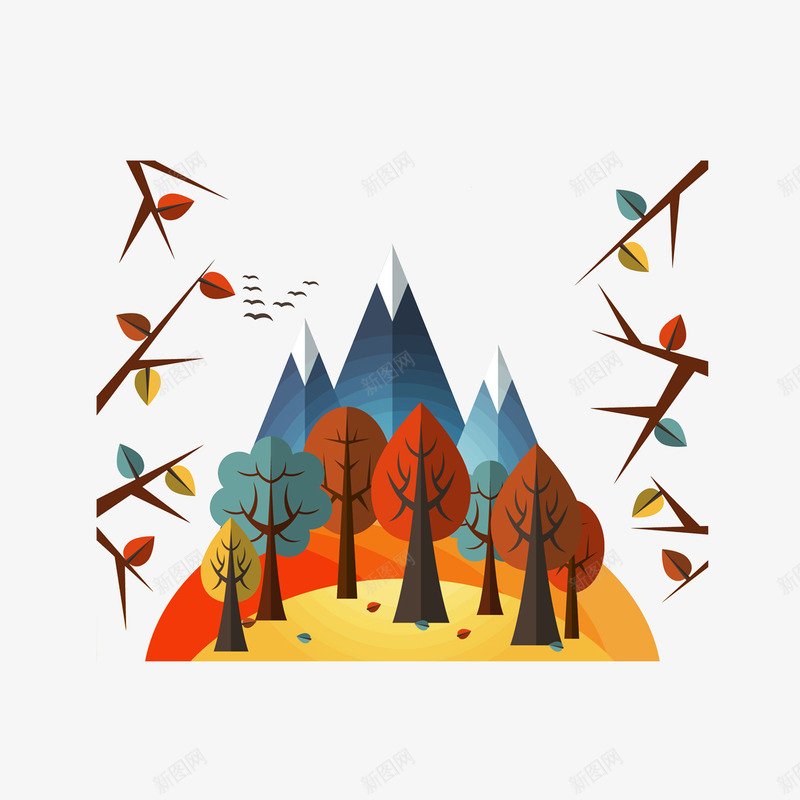 卡通唯美秋天风景画png免抠素材_88icon https://88icon.com 唯美风景 秋分 秋天树木 秋季风景 雪山