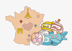 卡通法国地图旅行素材