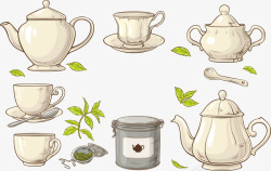 白色茶杯和绿色茶叶矢量图素材