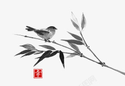 中国风水墨竹枝小鸟素材