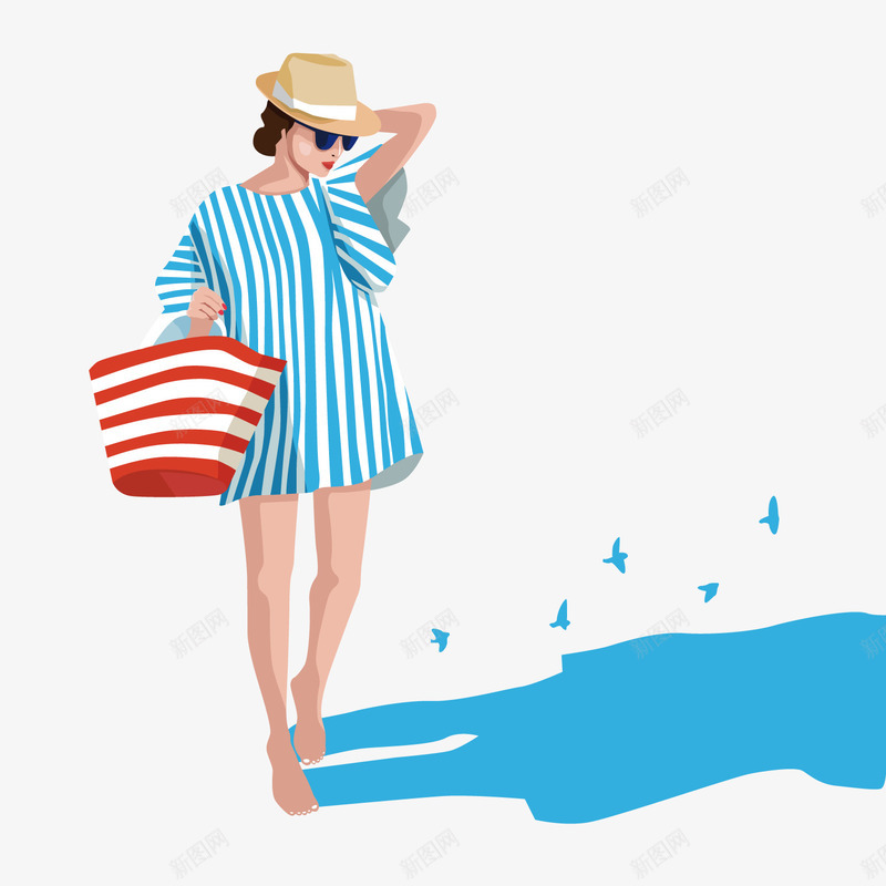 手绘度假女孩png免抠素材_88icon https://88icon.com 卡通人物 夏季装饰 度假 时尚女孩 蓝色 蓝色条纹