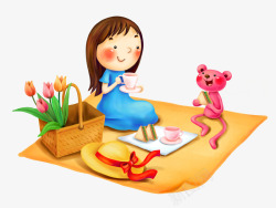 野餐的卡通女孩和熊玩具素材
