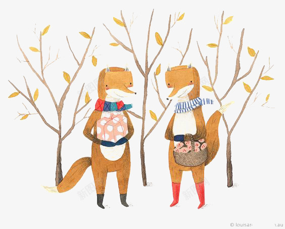 两只狐狸png免抠素材_88icon https://88icon.com 动物 卡通 手绘 插画 狐狸 秋天 黄叶