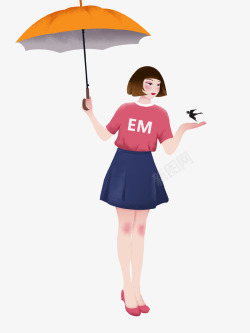 手绘打伞的少女插画素材
