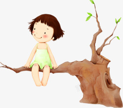 小女孩坐在树枝上微笑素材