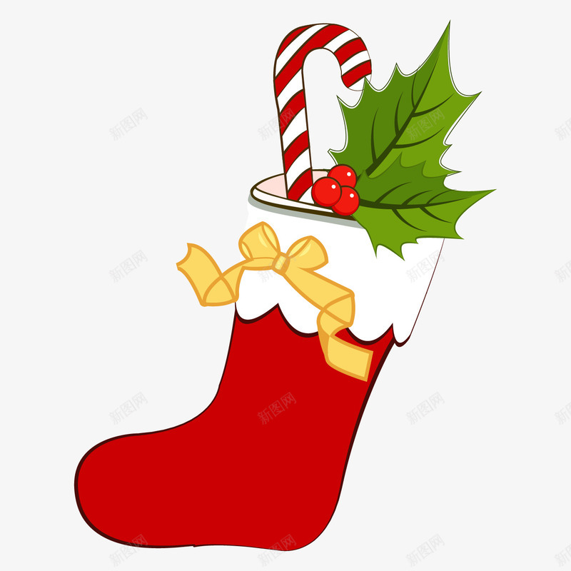 卡通盛礼物的圣诞袜png免抠素材_88icon https://88icon.com 圣诞节 圣诞袜 拐杖 植物装饰 红色袜子 节日 黄色丝带