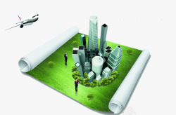 银色纸卷绿色建筑高清图片